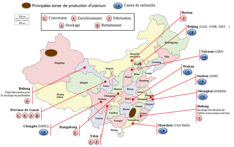 carte des installations civiles nucléaires chinoises autres que les centres nucléaires de production d’électricité, en août 2015