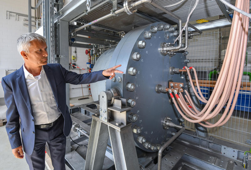 An alkaline pressure electrolyser, used in the production of hydrogen, at the Hydrogen Research Centre of Brandenburg Technical University, Germany. (Image: Alamy)