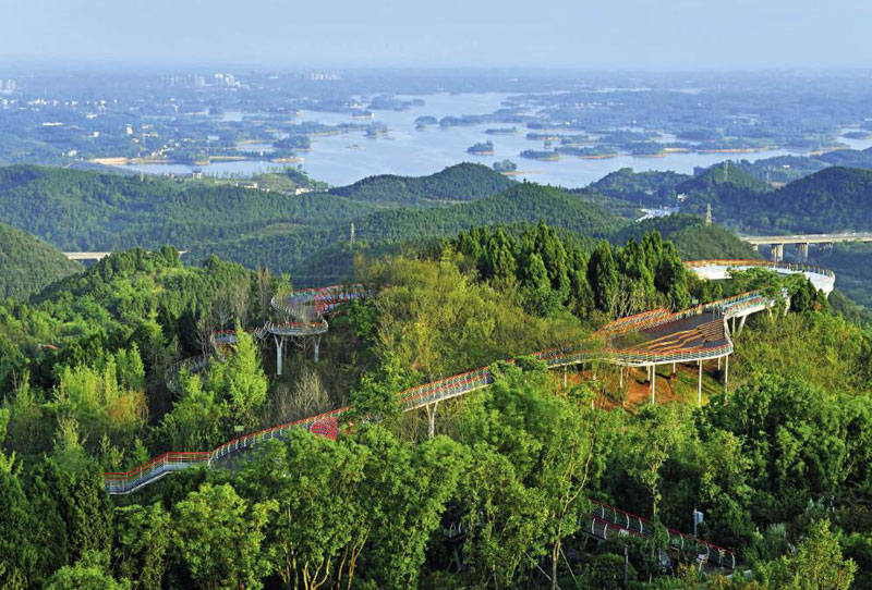  Vue de la coulée verte surélevée du Parc forestier urbain de Longquanshan à Chengdu, le 24 juin 2020