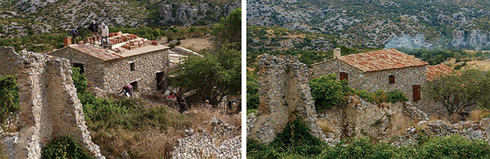 Le village de Périllos (France) pendant les travaux de restauration et après restauration 