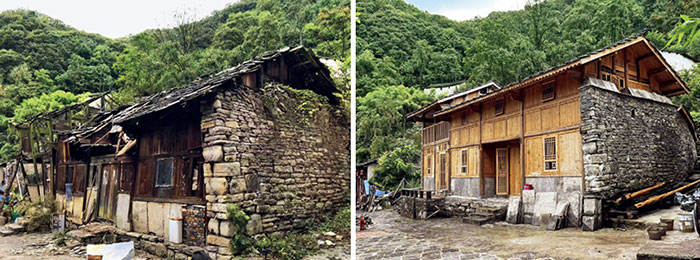 Une bâtisse à Yunshantun (Guizhou) avant restauration et après restauration (Photos fournies par Marie-Georges Pagel-Brousse)