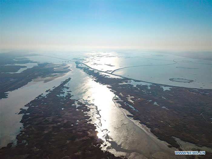 Photo aérienne prise le 7 mars 2019 montrant la réserve naturelle nationale du delta du fleuve jaune à Dongying, dans la province chinoise du Shandong (est). (Xinhua/Wang Nan) 